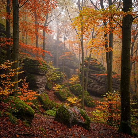 A serene forest landscape with vibrant autumn colors and rocky formationsの写真素材