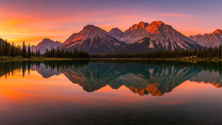 A serene mountain landscape with a lake at sunsetの写真素材