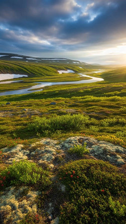 A serene landscape of rolling green hills and winding river at sunsetの写真素材