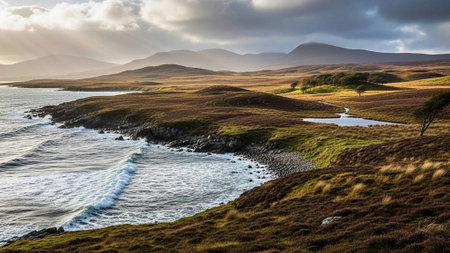A serene landscape of rolling hills and ocean waves under a cloudy sky