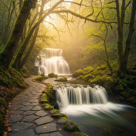 A serene forest landscape with a stone pathway and a beautiful waterfallの写真素材