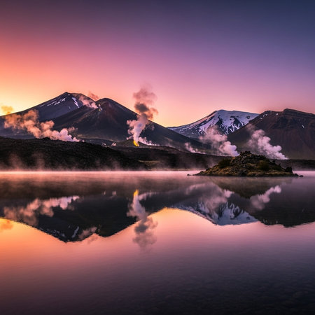 A serene lake surrounded by snow-capped mountains at sunset with steam risingの写真素材