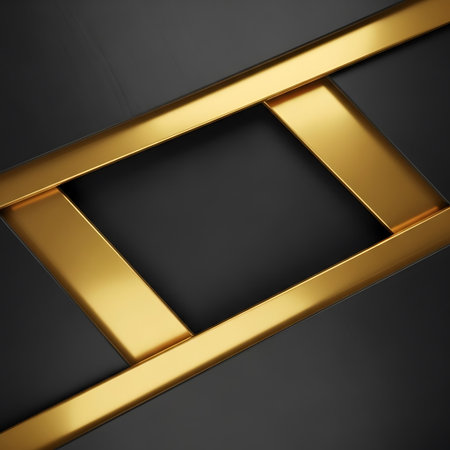 Close-up of shiny gold rectangular frame on dark gray surfaceの写真素材