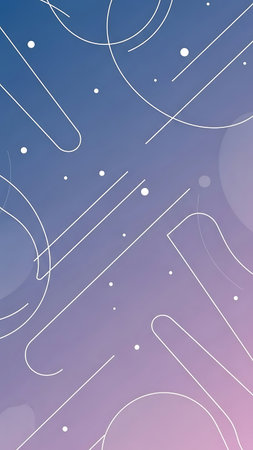 Colorful gradient background with white lines, dots, and shapes, abstract composition