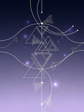 White geometric shapes and lines on a dark purple to light purple gradient background