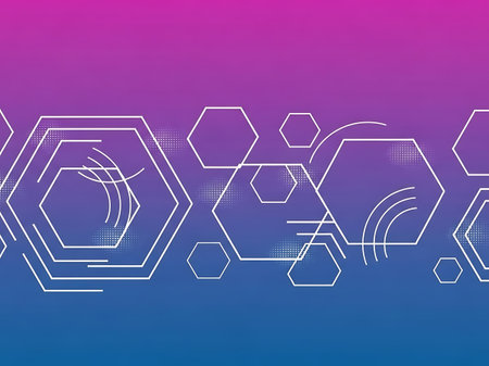 White hexagons and lines on a purple, pink, and blue gradient background design