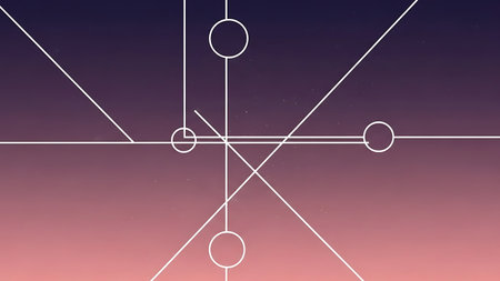White lines and circles on a dark blue to pink gradient background