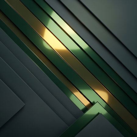 Dark green and gold stripes intersect with shadows on a dark background