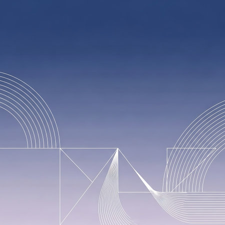 White geometric shapes and lines on blue to purple gradient background
