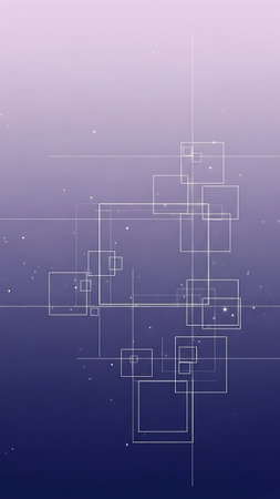 White geometric shapes and lines on a purple gradient background with small white dotsの写真素材