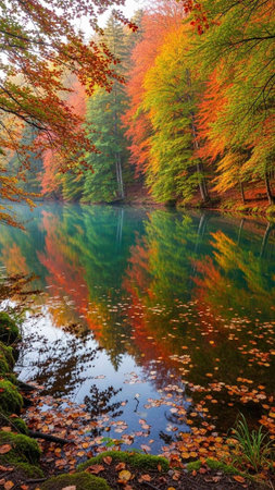 Autumn forest reflected in the lake. Beautiful autumn landscape with colorful trees.