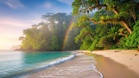 Panoramic view of a beautiful tropical beach with palm trees and rainbowの写真素材