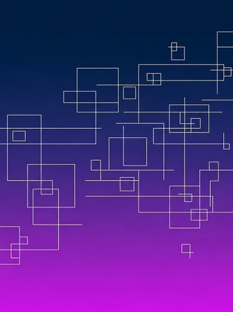 White geometric shapes and lines on a vibrant gradient of purple, pink, and blue hues