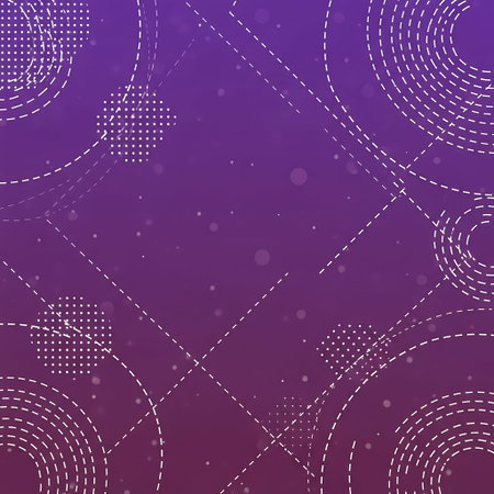 Gradient purple background with white dotted circles and geometric line patternsの写真素材
