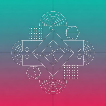 White geometric shapes and lines on a colorful gradient background with teal, purple, and pinkの写真素材