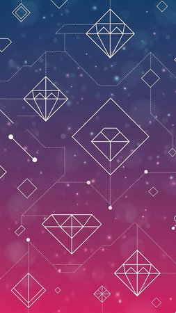 White diamond shapes and lines on blue, purple, pink gradient background with dots
