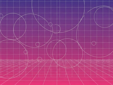 White grid lines and circles on a vibrant purple to pink gradient background design