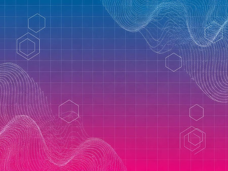 Colorful abstract design with hexagons, grid, and wavy lines on pink, purple, blue background