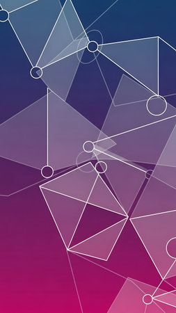 Abstract geometric shapes connected by lines on a vibrant purple, pink, and blue gradient