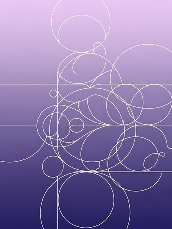 Gradient purple background with swirling white lines and circles, geometric shapes designの写真素材