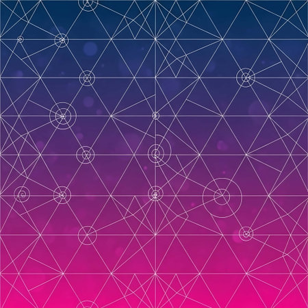 White geometric lines and circles on a pink, purple, and blue gradient background