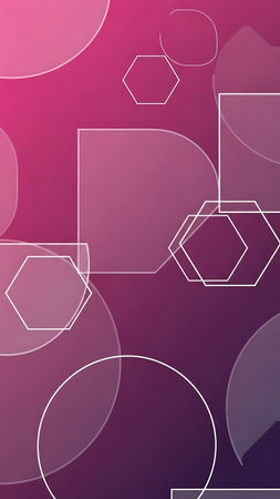 Abstract composition of white geometric shapes on pink to purple gradient