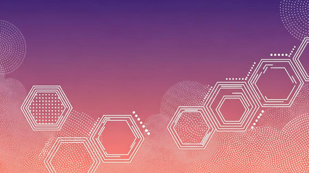 White hexagons and dots on a purple, pink, and orange gradient background