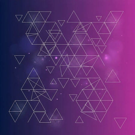 White geometric triangles on purple gradient background with dots and lines