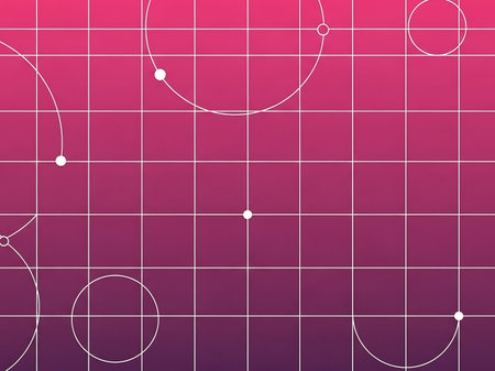 Pink to purple gradient background with white grid lines and circles dots