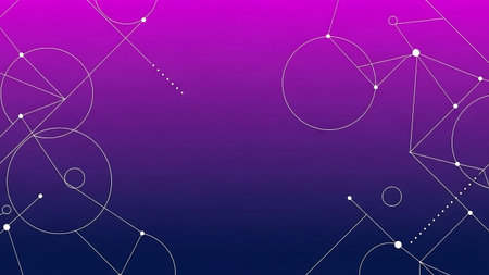 White geometric lines and dots on a vibrant purple and blue gradient backgroundの写真素材