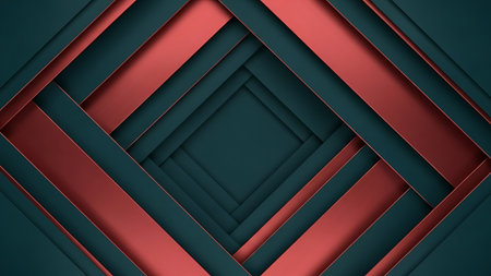 Dark green and red colors form a layered geometric pattern with intersecting lines and squares