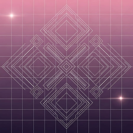 Intricate white geometric design on a vibrant pink to purple gradient background with grid lines