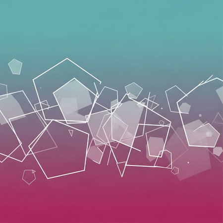 White outlined polygons and translucent gray shapes on colorful gradient background