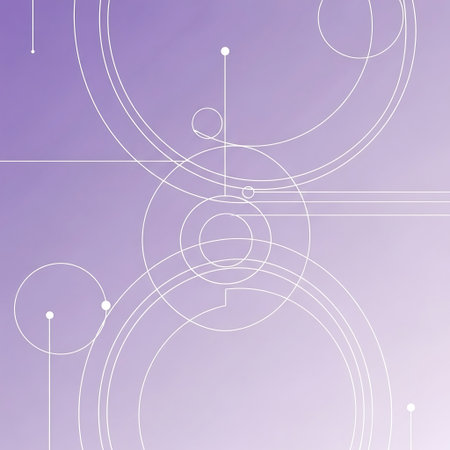 Minimalist design featuring white lines, circles, and dots on a purple gradient background