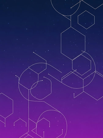 White geometric shapes on a purple and blue gradient background with small white stars