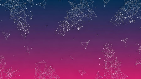 Colorful gradient background with white geometric shapes and dots floating in space