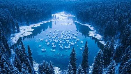 Sheep grazing on ice in a frozen lake surrounded by snow-covered evergreen trees.の写真素材