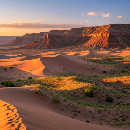 Sunlit sand dunes and layered cliffs in a desert at sunsetの写真素材