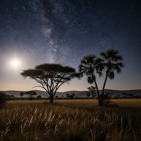 Silhouetted acacia trees under a starry night skyの写真素材