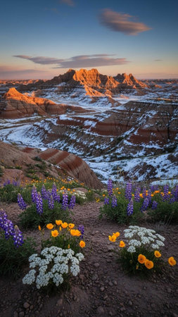 Wildflowers bloom on a dirt path with snow-capped rocks and mountains at dusk.の写真素材