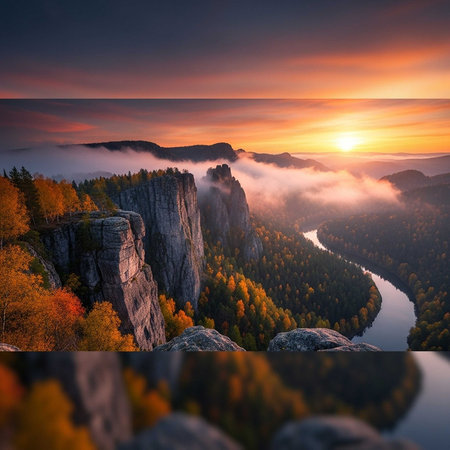Sunrise over a misty valley with a river, cliffs, and autumn foliageの写真素材