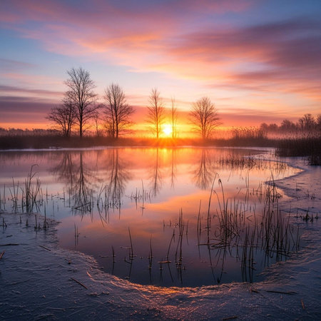 Sunrise reflecting on calm winter lake with bare treesの写真素材