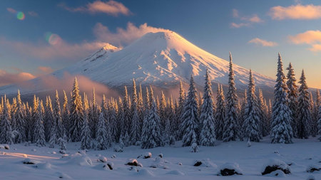 Snow-covered mountain and pine forest at dawnの写真素材