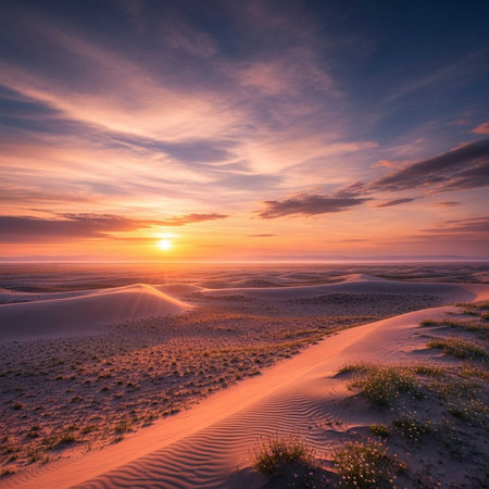 Vibrant sunset over sand dunes leading to ocean horizonの写真素材