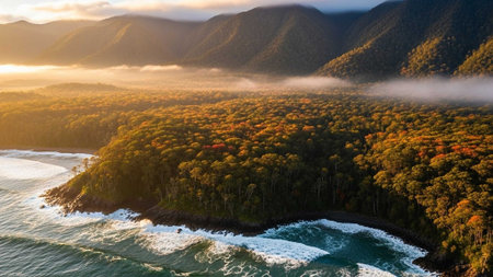 Autumn forest meets ocean waves at sunriseの写真素材