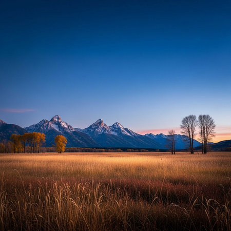 Snowy peaks, autumn trees, and golden field at duskの写真素材