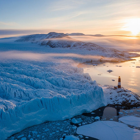 Lighthouse near icy cliffs and frozen sea