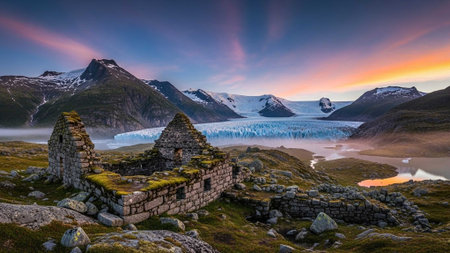 Old stone structures in a scenic mountain landscape with a glacier and sunset.の写真素材