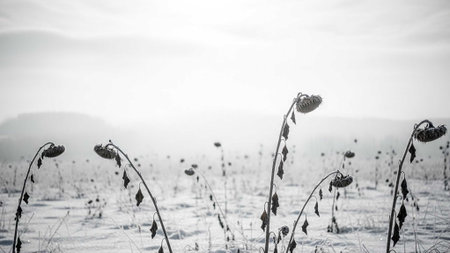 Dried wildflowers in a misty, open fieldの写真素材