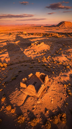 Desert ruins bathed in warm sunset lightの写真素材